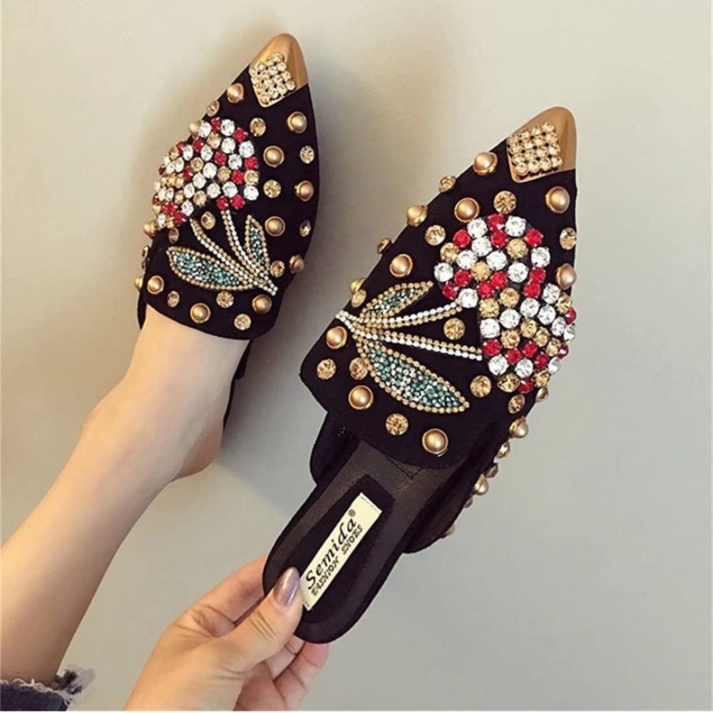Harberd Women's Pointed Toe Rhinestone Mules Suede Slip-on Sz.7